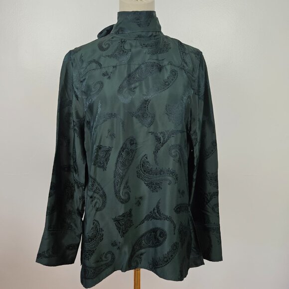 COS Jacquard Bow Back Silky‎ Blouse Sz 4 Dark Green Shirt Relaxed Long Sleeve - Picture 2 of 13